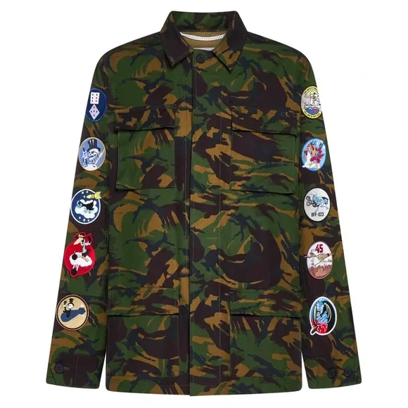Off-White Camouflage Jacket with Patches and Orange Accents